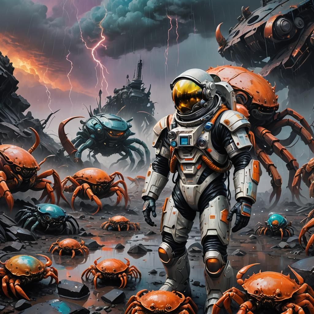 Crab Aliens Meet Astronaut in Graffiti Art