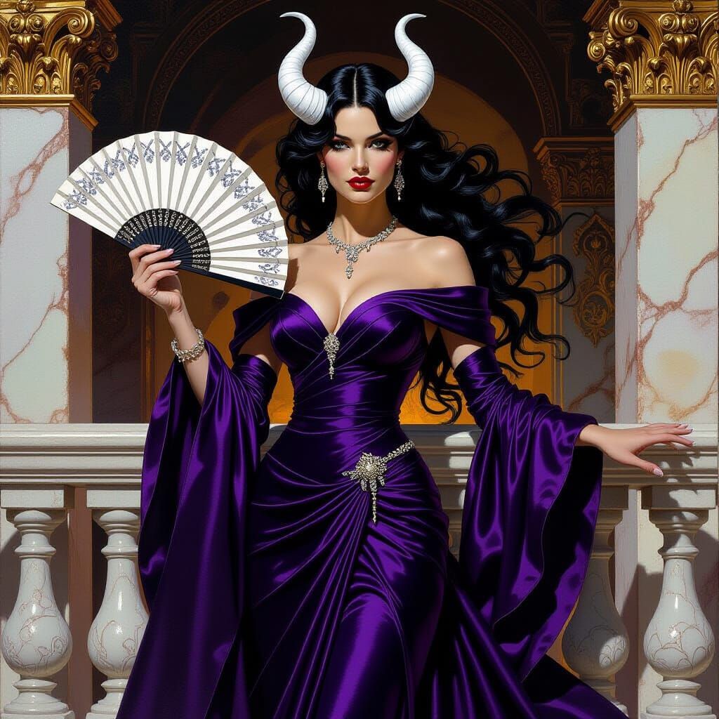 Regal Woman on Balcony in Fantasy Oil Painting Style