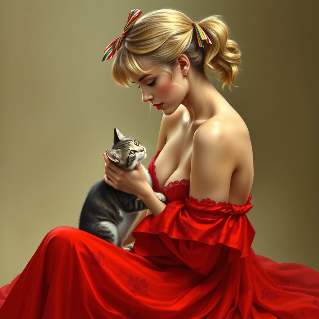 Blonde Woman in Art Nouveau Style with Cat, Hyper-Realistic ...