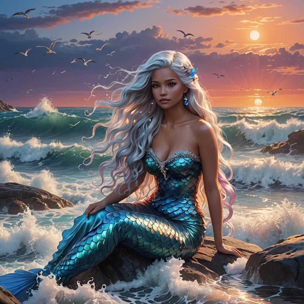 A beautiful mermaid
luminescent tail sitting on rock surround...