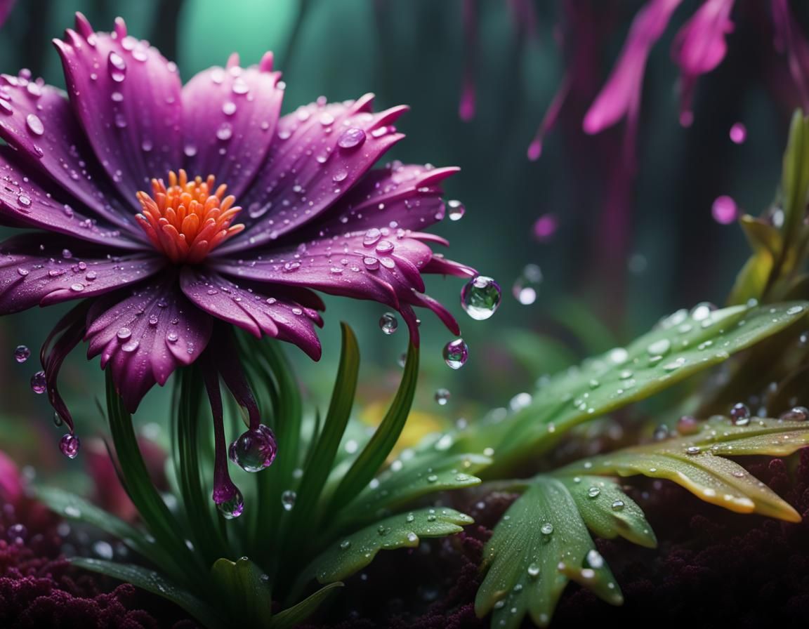 Macro Photo of Dewy Purple Flower in Hyper-Realistic Style
