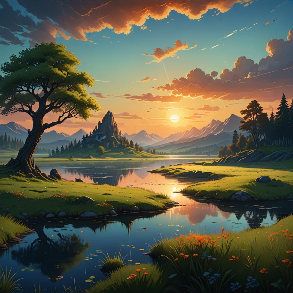 Fantasy Meadow with Floating Island at Sunset