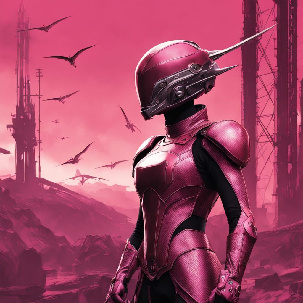 Epic Pink Ranger in Cyberpunk Film Style