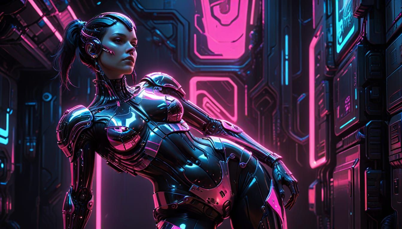 Cyberpunk Cyborg Portrait in Neon Dystopia