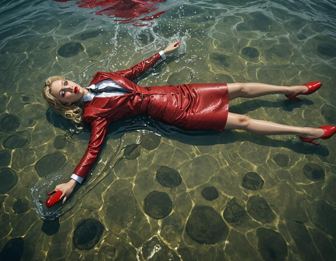 Glamorous Woman in Red Suit on Sea, Digital Painting