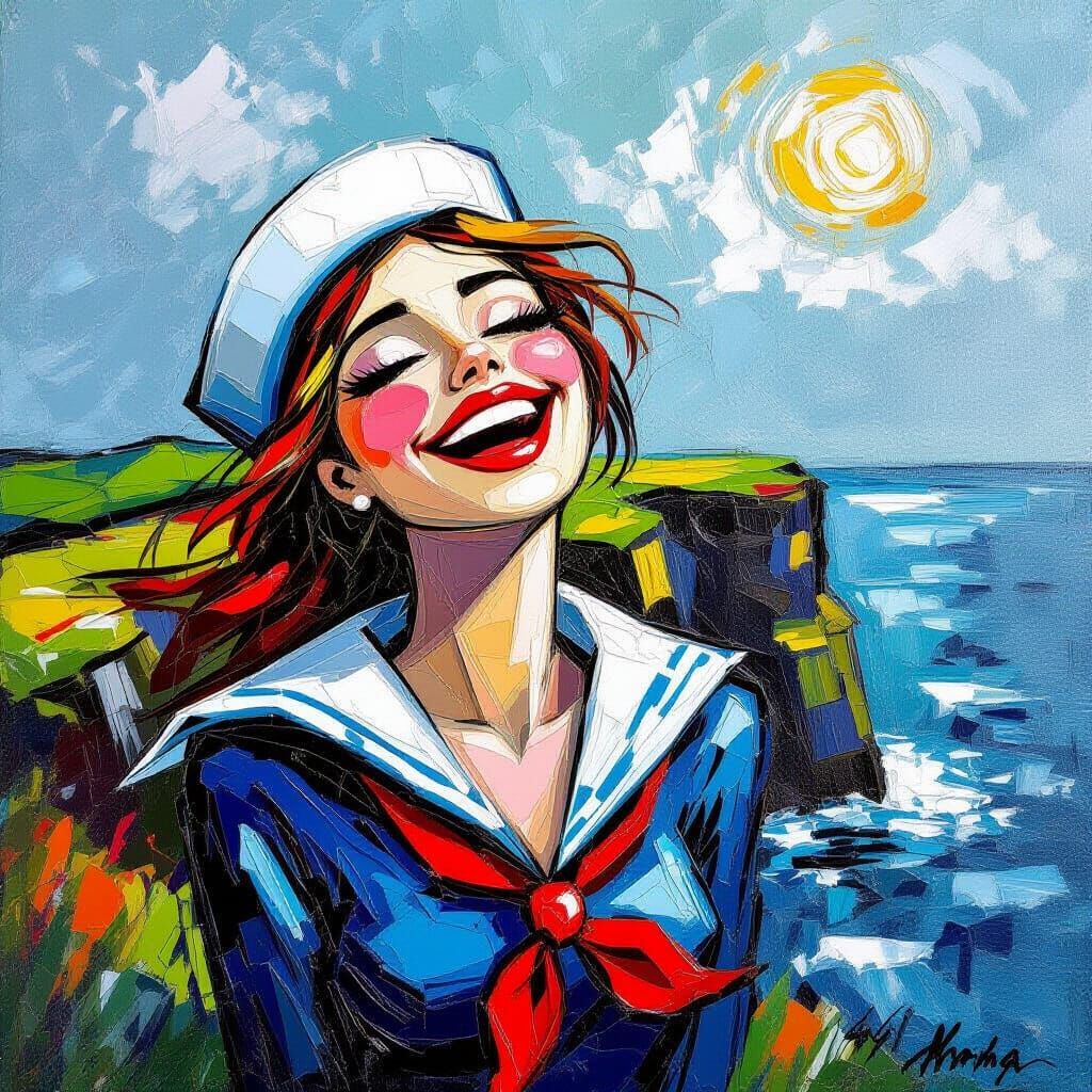 Laughing Sailor on Cliffs in Sugarpunk Impasto Style