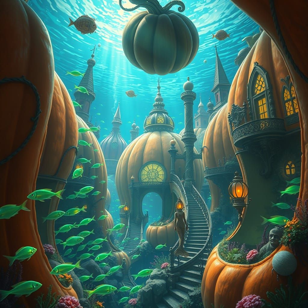 Whimsical Underwater Pumpkin City with Neon Fish