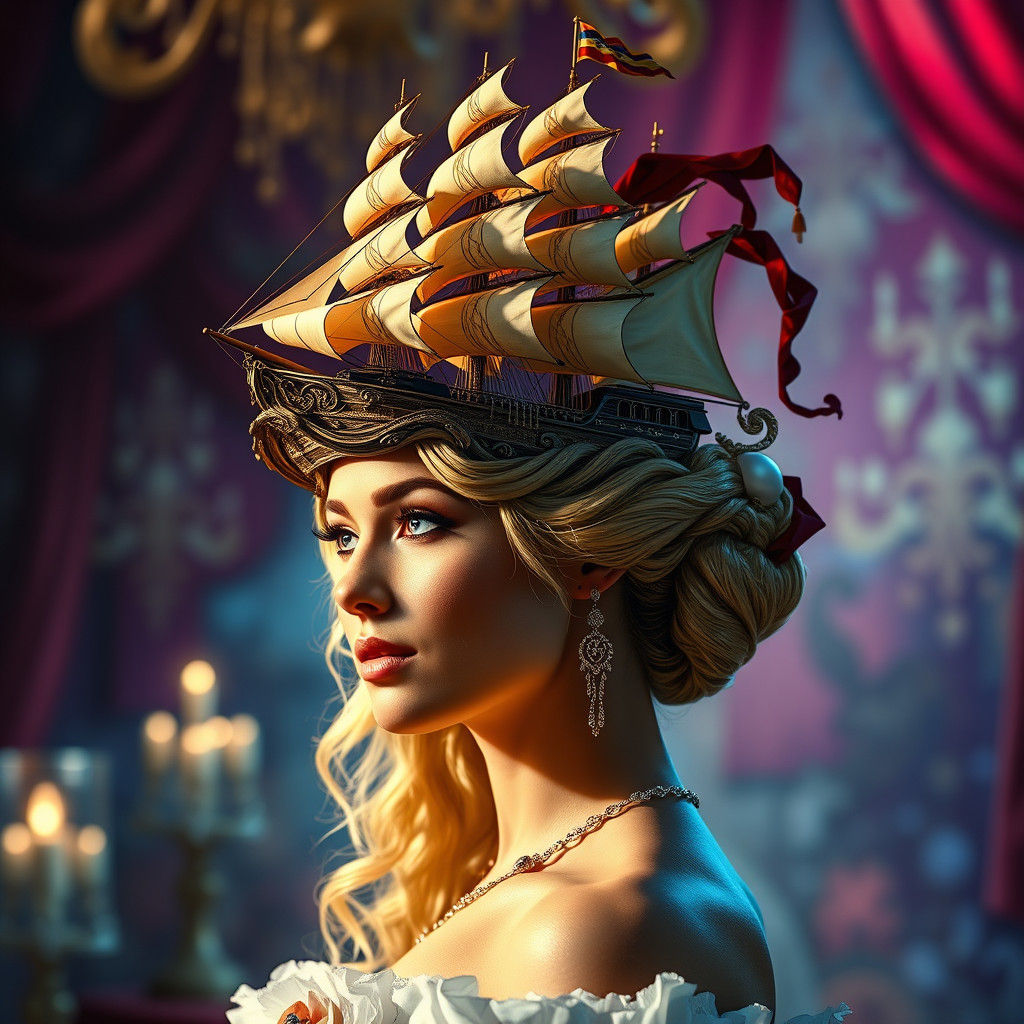 Ornate Ship Hat on Lady at King's Ball