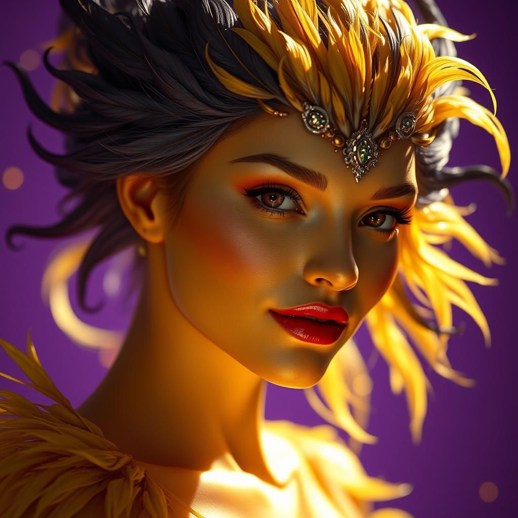 Golden Woman with Feather Hair, a Dark Fantasy Portrait
