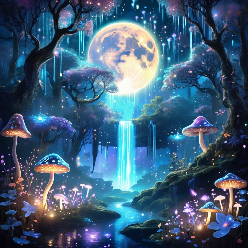 Bioluminescent Waterfall Flows to Mystical Dreamcore Forest