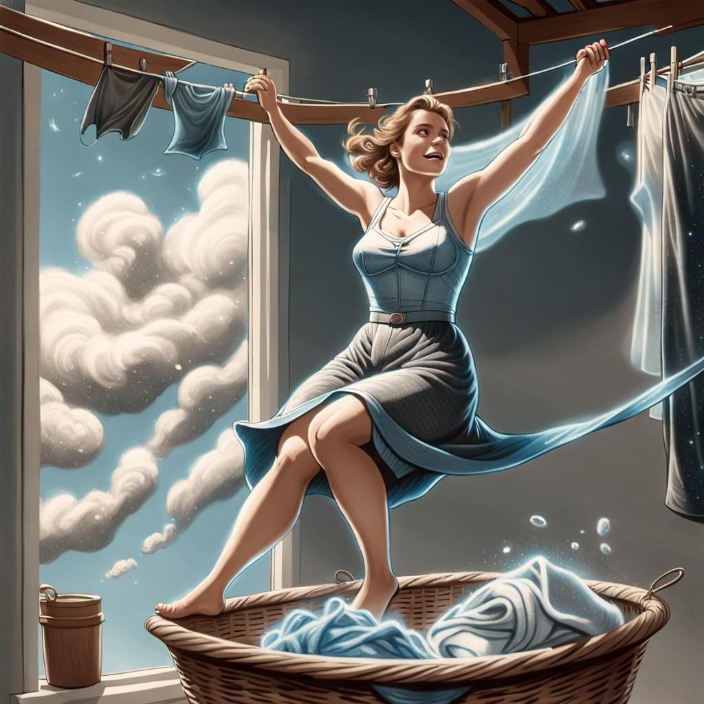 Woman and Laundry in Black and White Charcoal Drawing