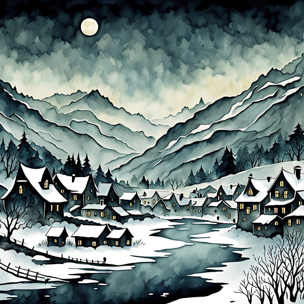 Vintage Village Watercolor Illustration with Snow-Capped Mou...