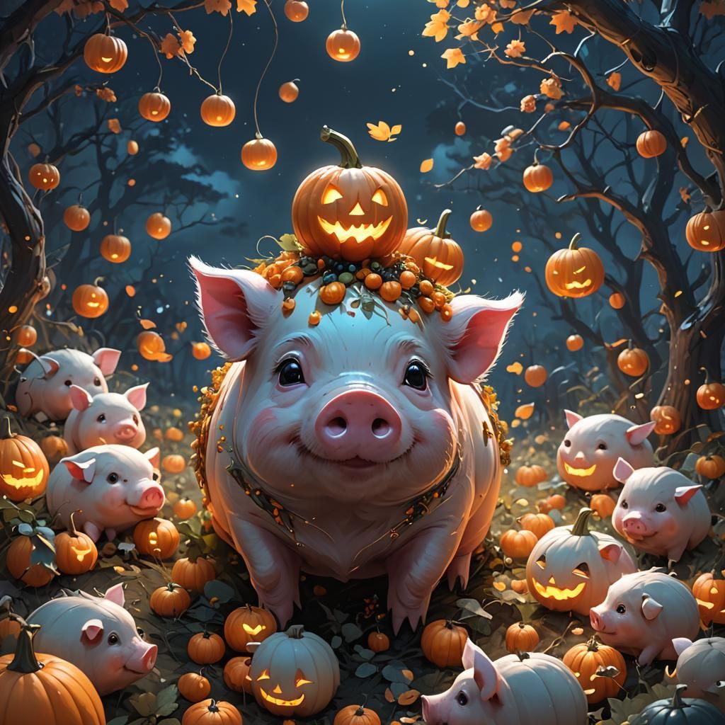 Cute Pig with Pumpkin in 3D Anime Art Style