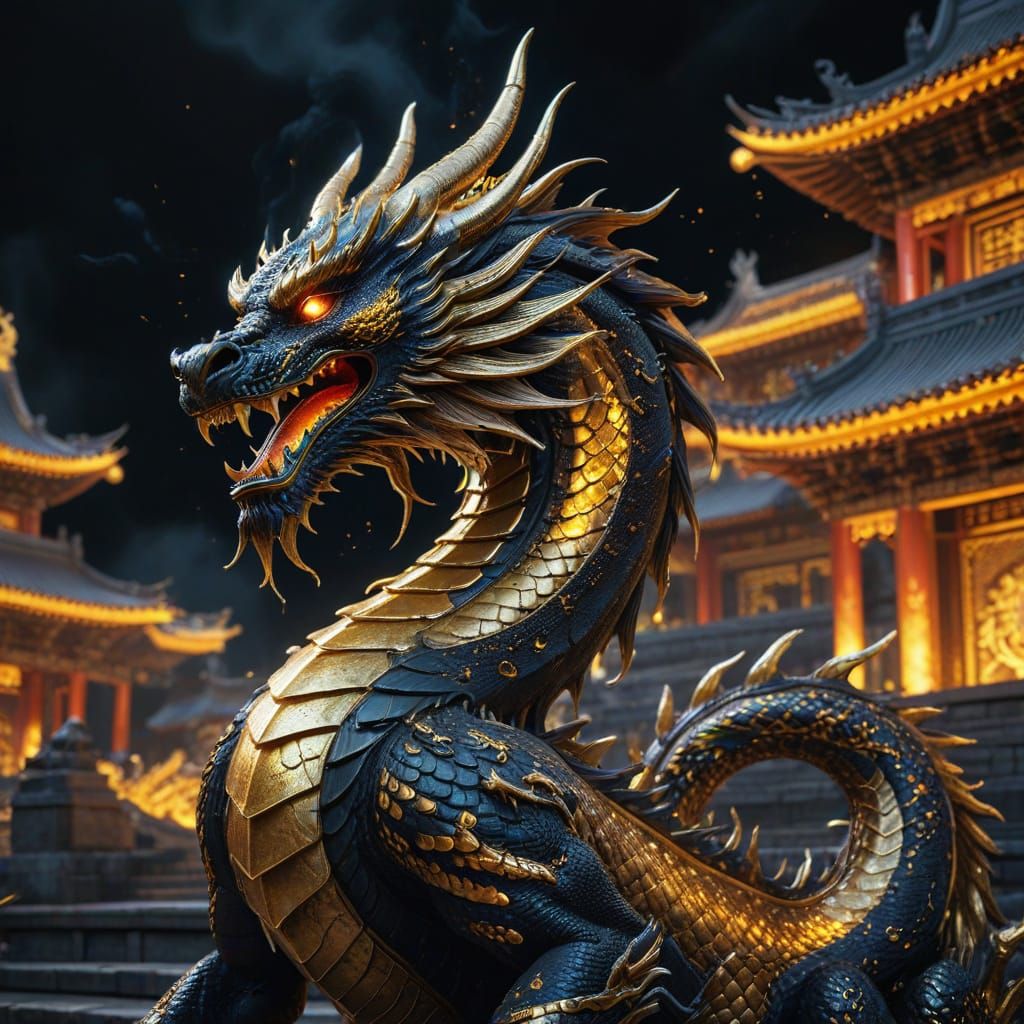 Majestic Golden Dragon in Front of Chinese Palace
