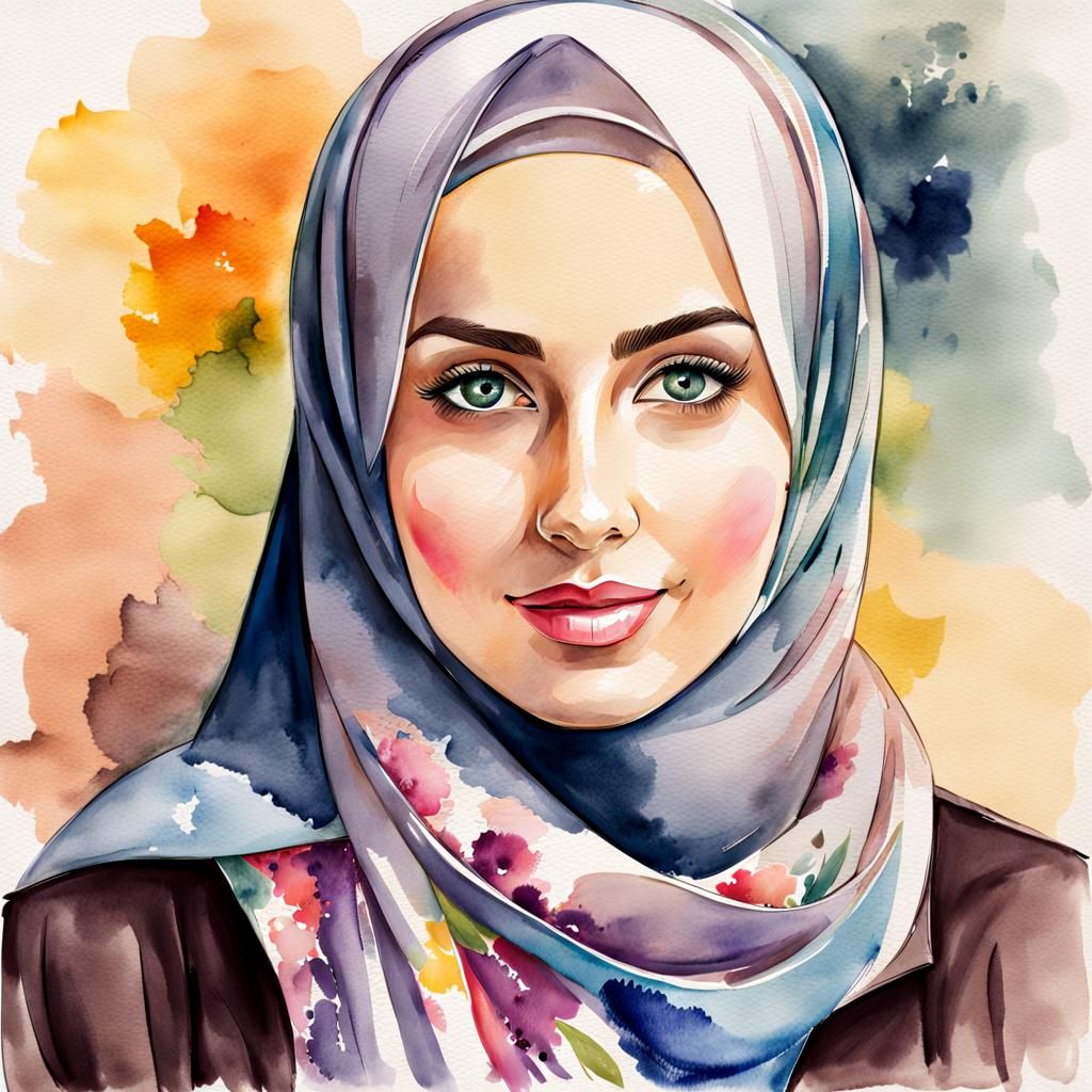 Beautiful Hijabi Student in Watercolor Portrait