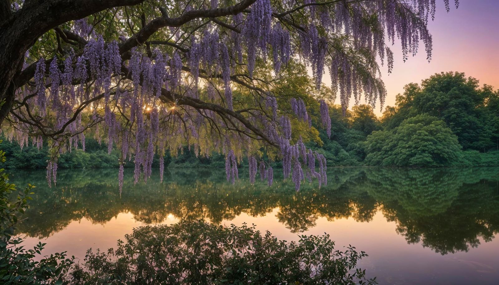 Wisteria Tree at Sunset Reflected in Pond