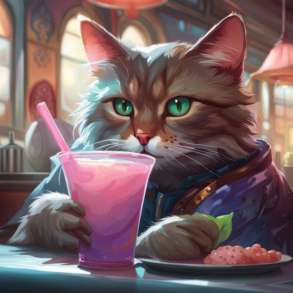 Cat Sipping Boba Tea Portrait