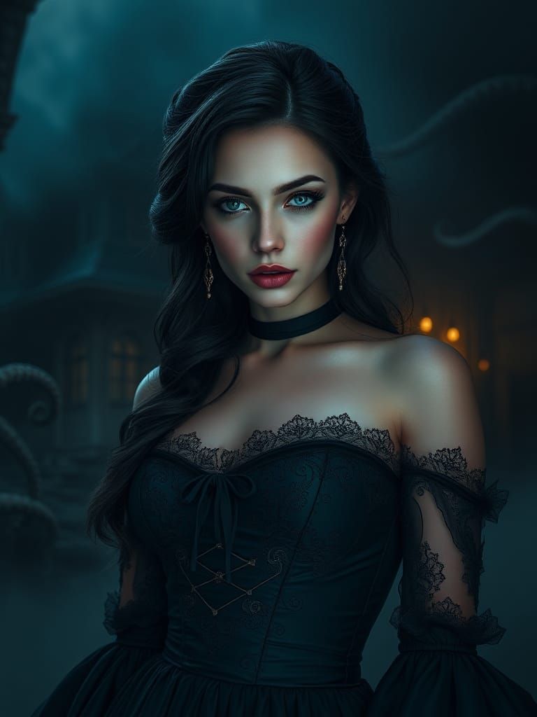 Gothic Woman in Lovecraftian Horror Scene