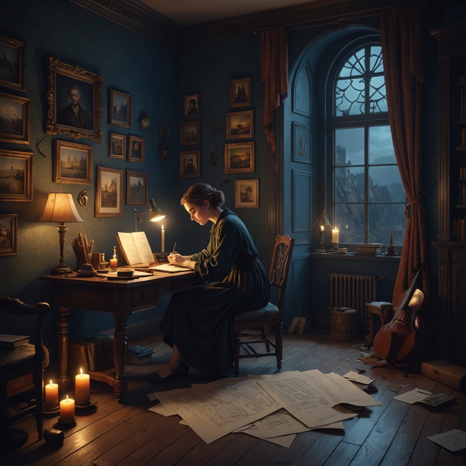 Sad Poet Composing Music in Candlelit Bedroom