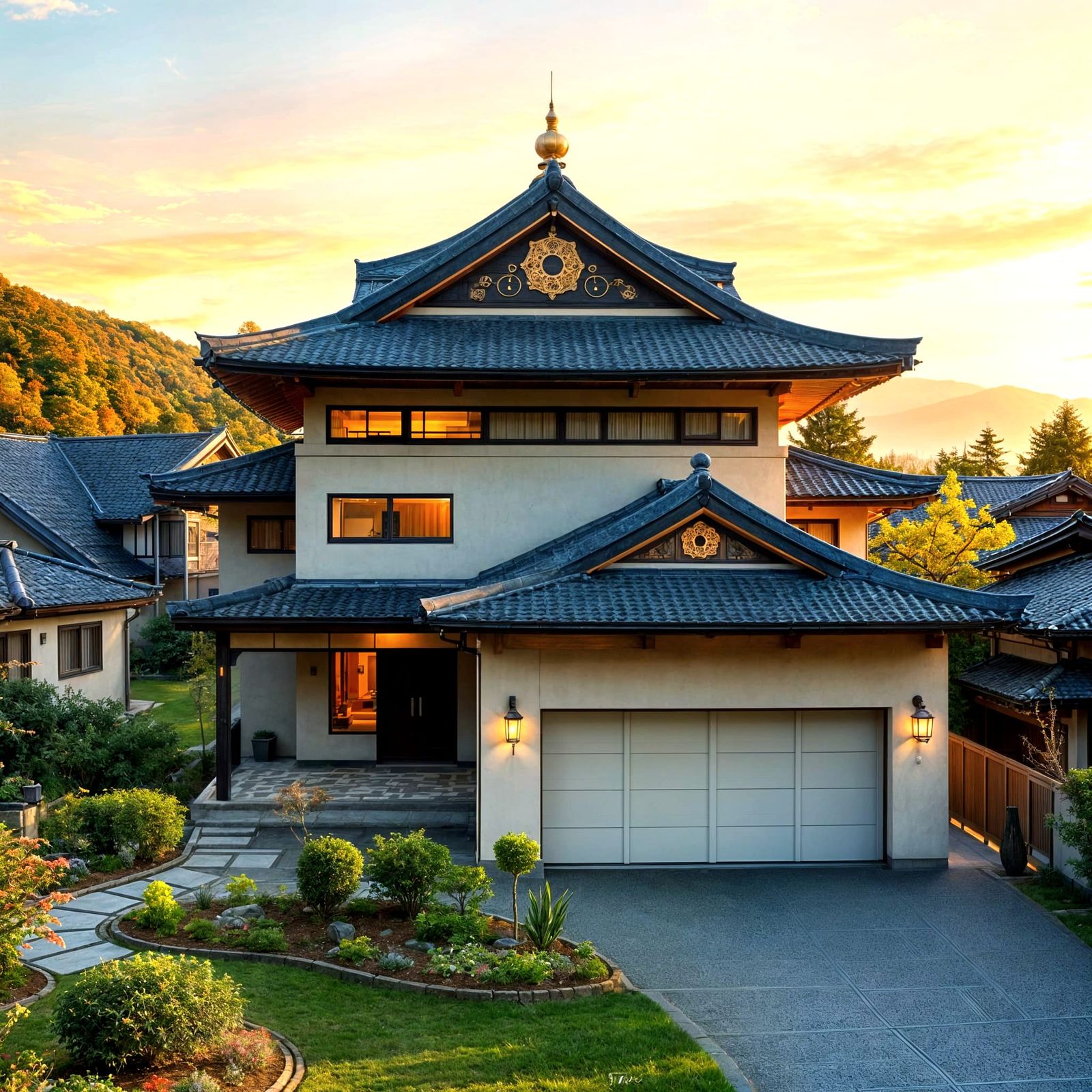 Modern Japanese Pagoda House with Vibrant Garden