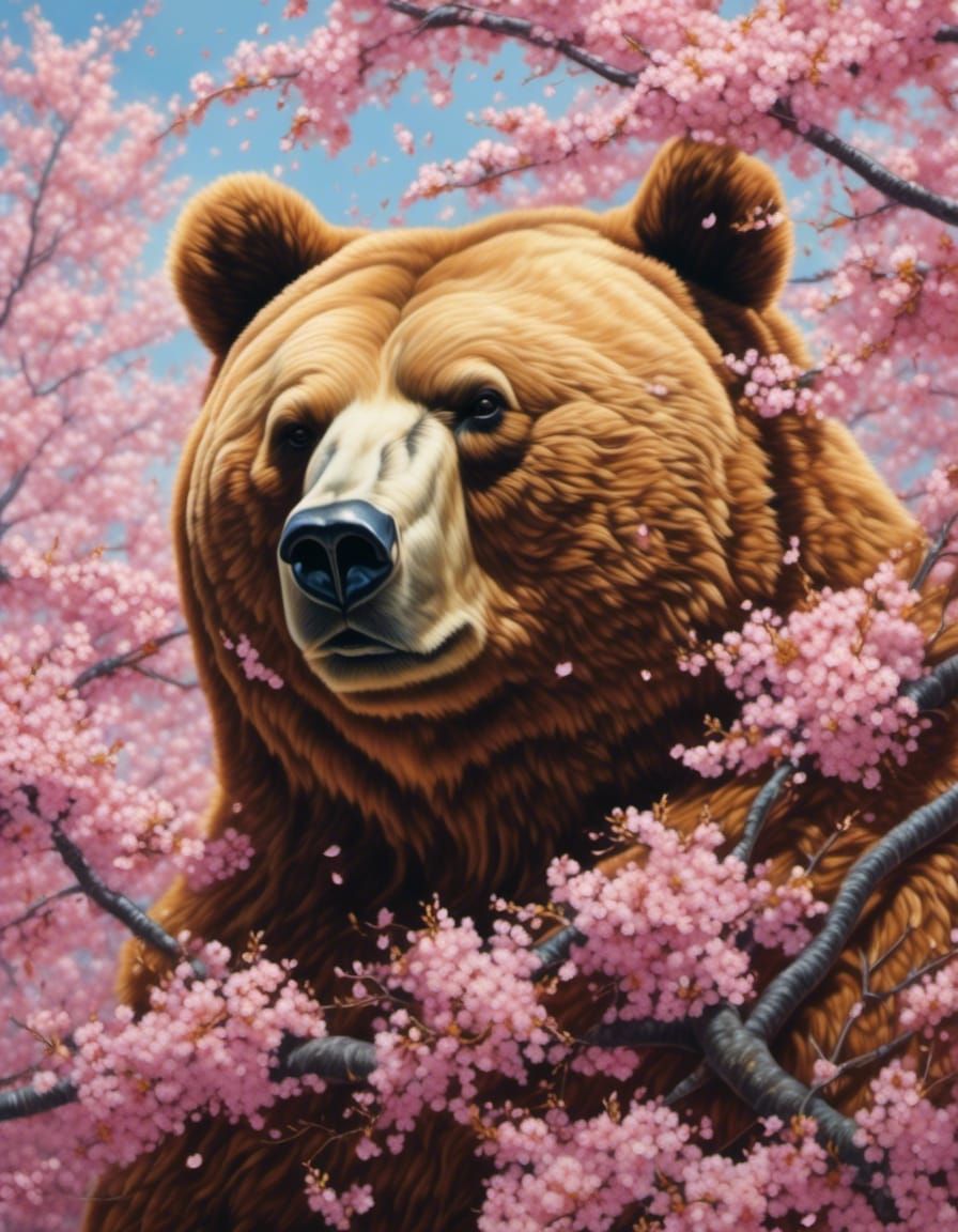 Hyperrealistic Obese Bear in Sakura Cherry Blossoms