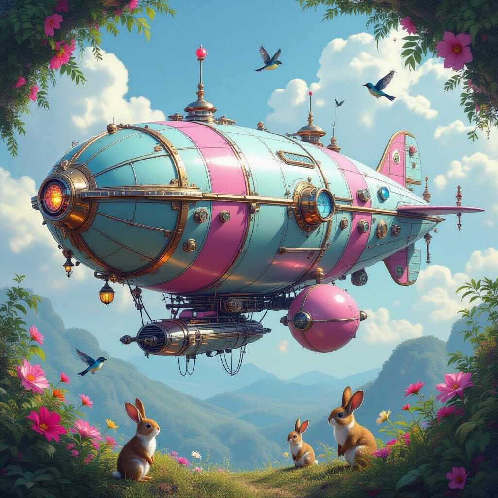 Steampunk Airship Over Tropical Habitat