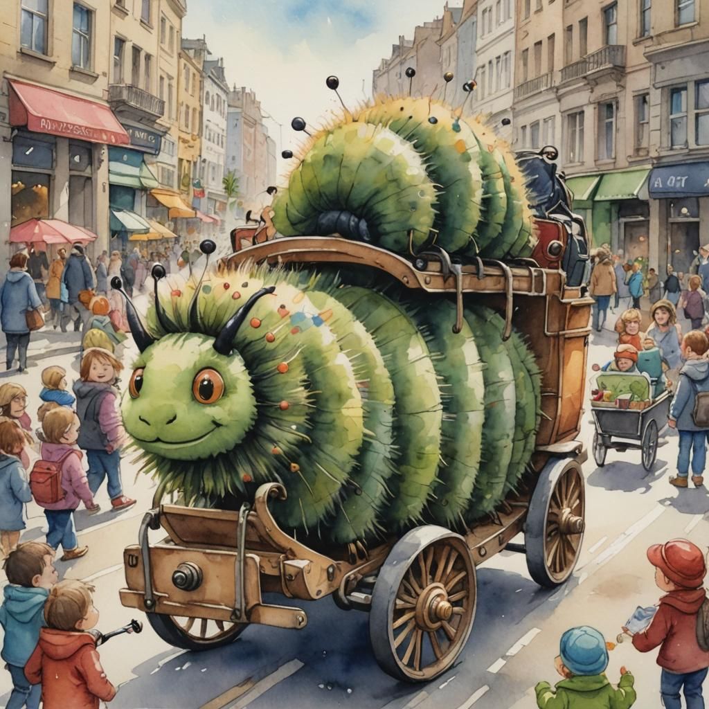 Anthropomorphic Caterpillar in City Street: Watercolour Illu...