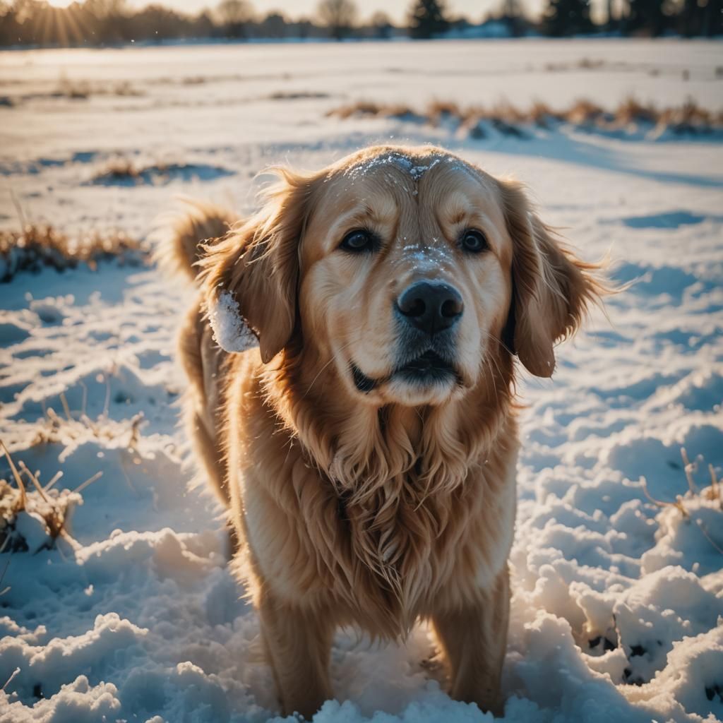 Golden Retriever Plays in Snowy Field: Cinematic Style