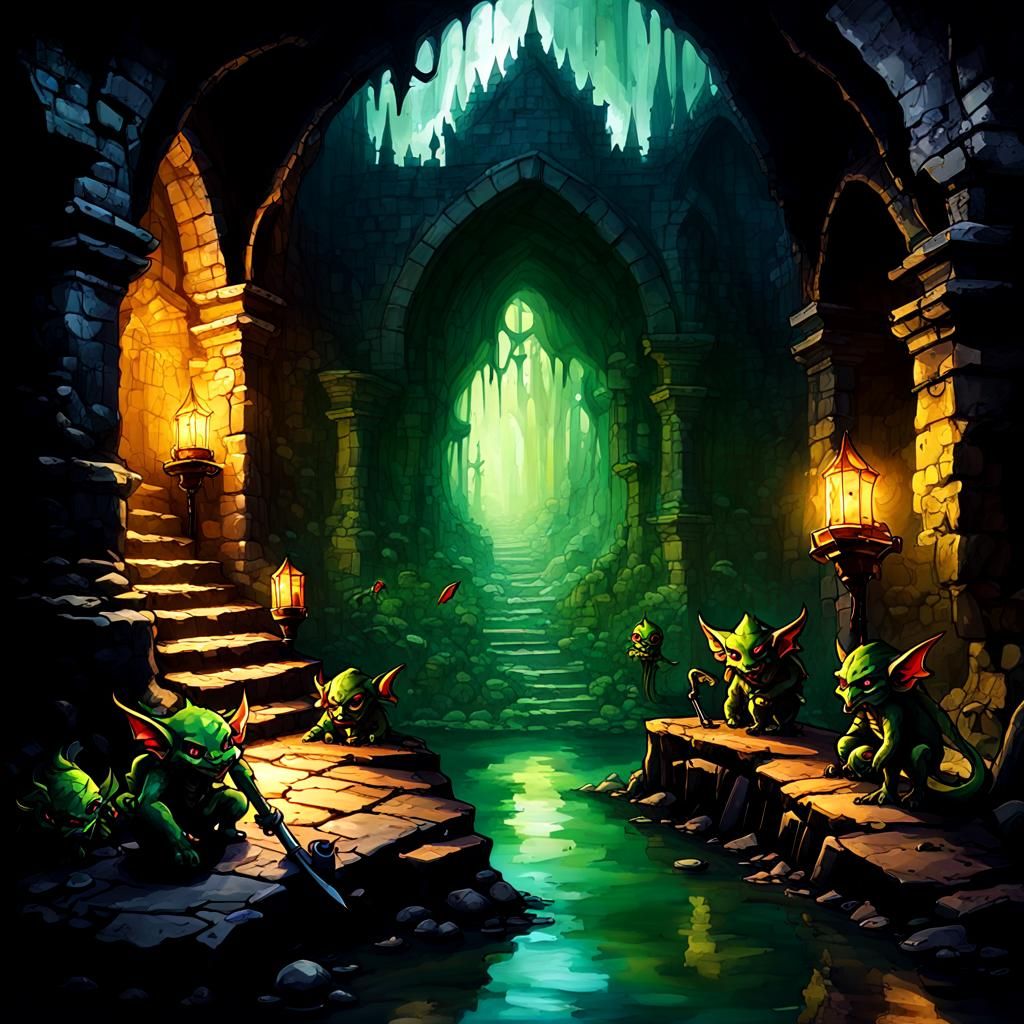 Goblins Ambush Adventurers in Damp Dungeon