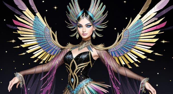 Jeweled Birds on Supermodel Hand in Abstract Color