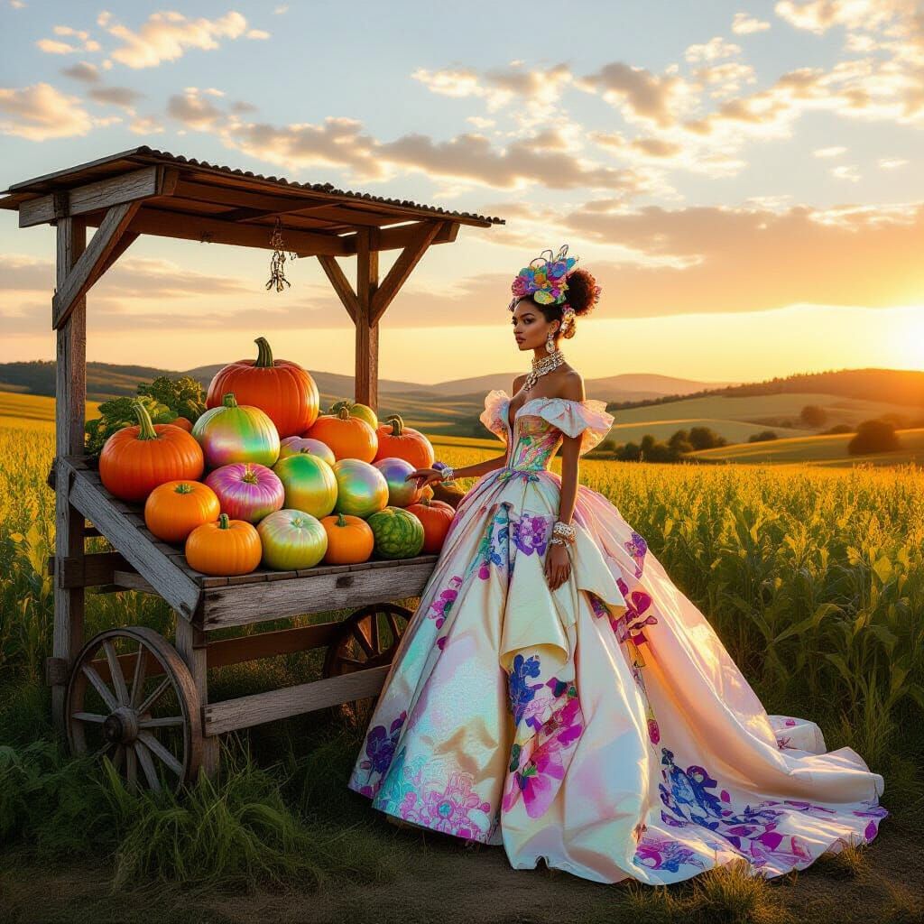 Avant-Garde Fashion Meets Rustic Farmstand in Golden Hour Li...