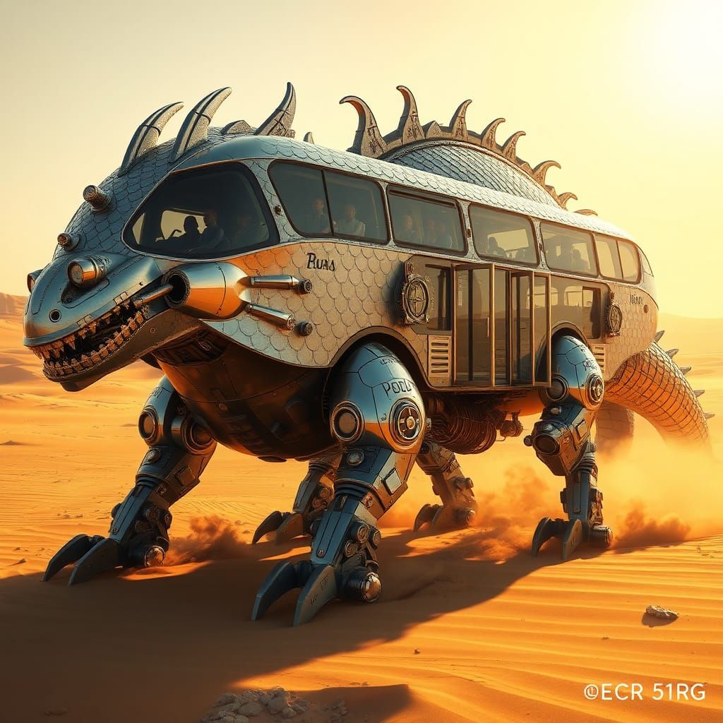 Futuristic Metallic Dragon Bus in Desert Landscape