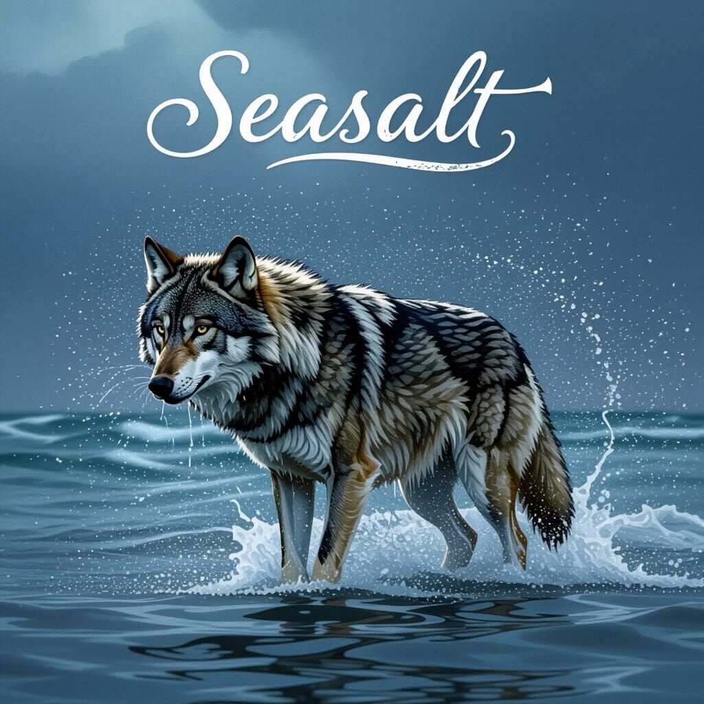 Majestic Wolf Shaking Water Off, Seasalt Scripted Top