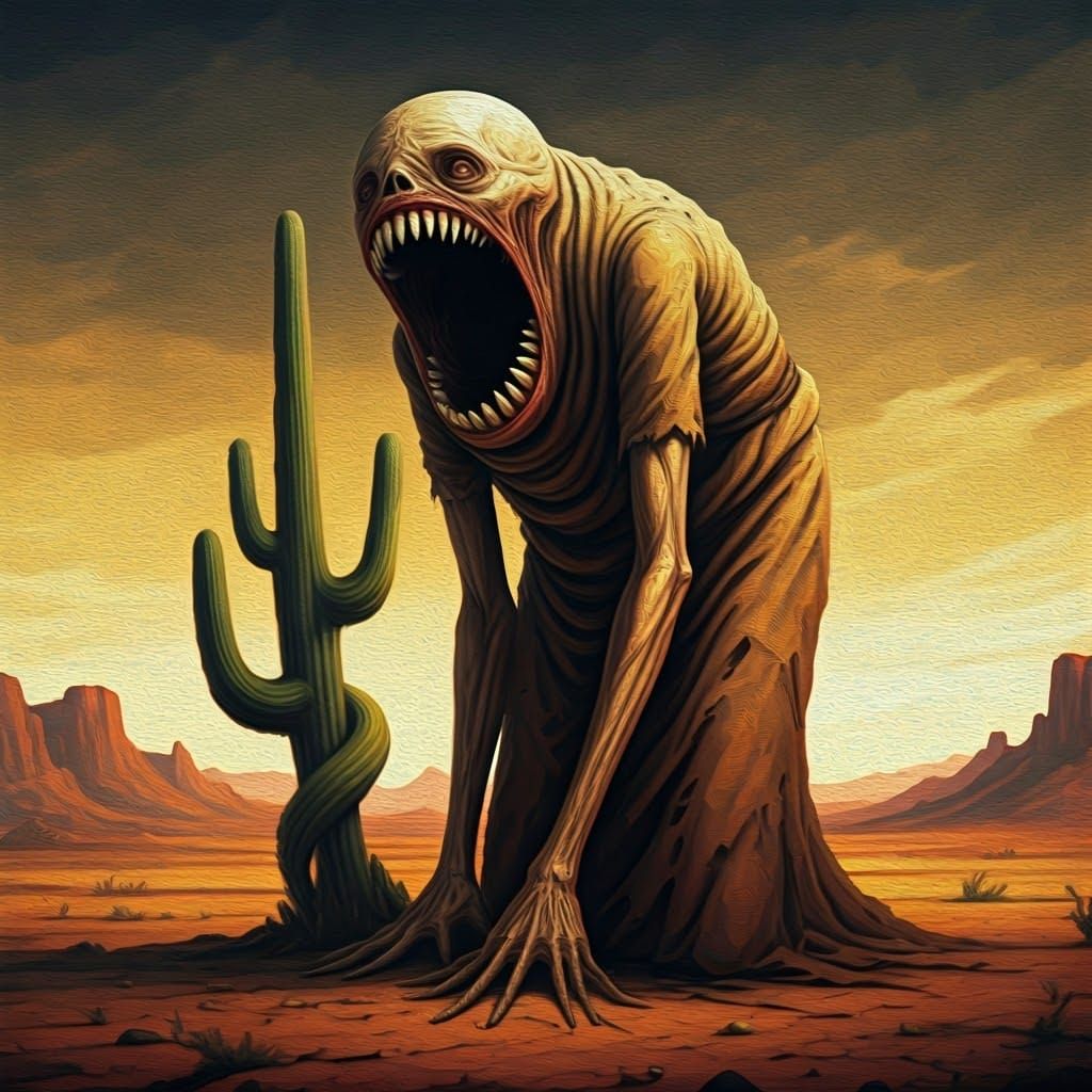 Macabre Oil Painting of a Twisted, Faceless Humanoid in a De...