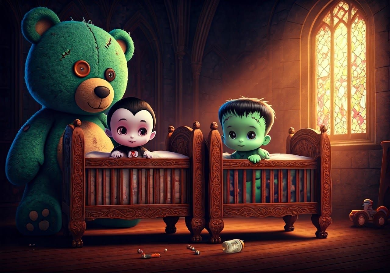 Chibi Dracula and Frankenstein in Medieval Nursery