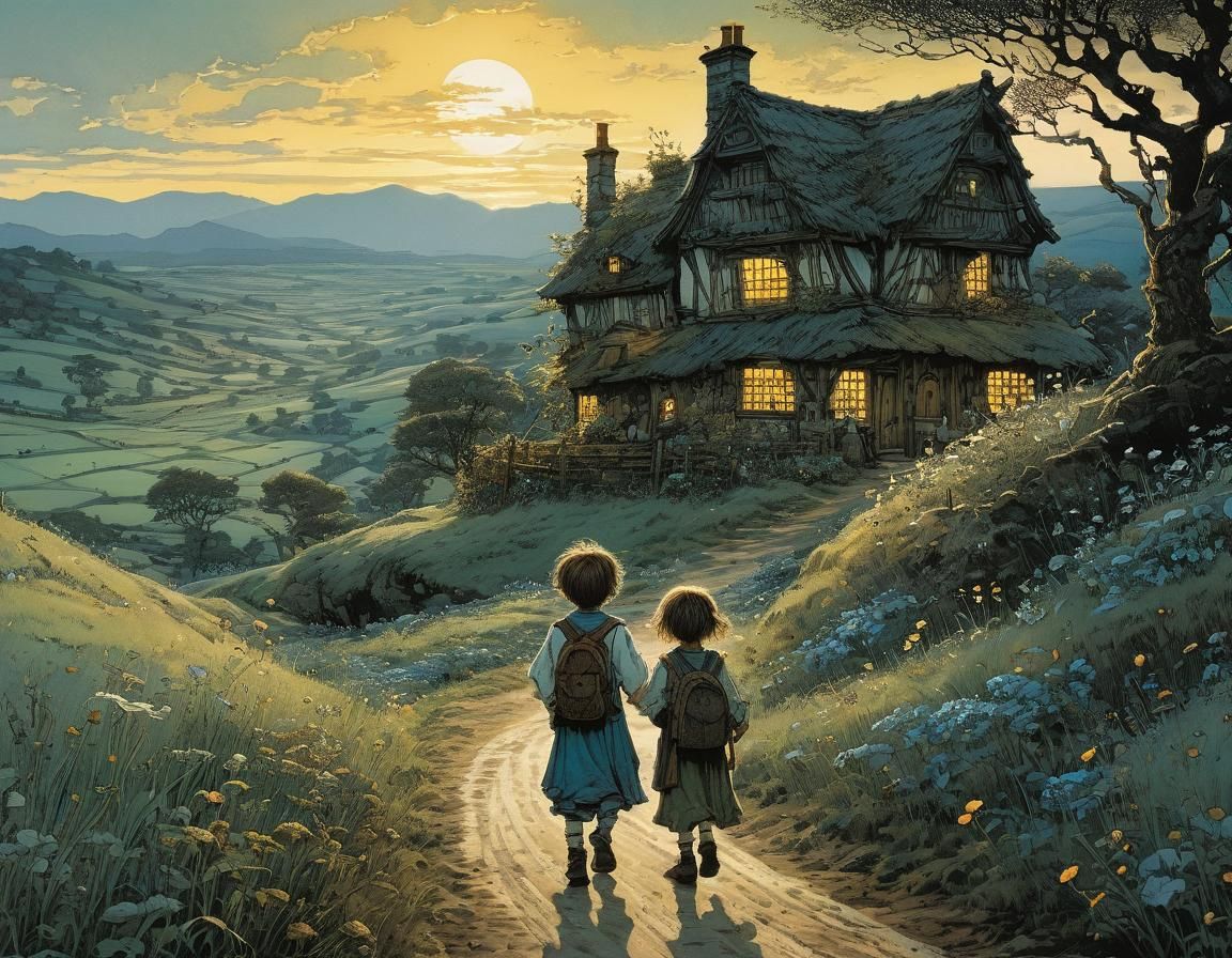 Charming Siblings Journey Through Dusk Landscape