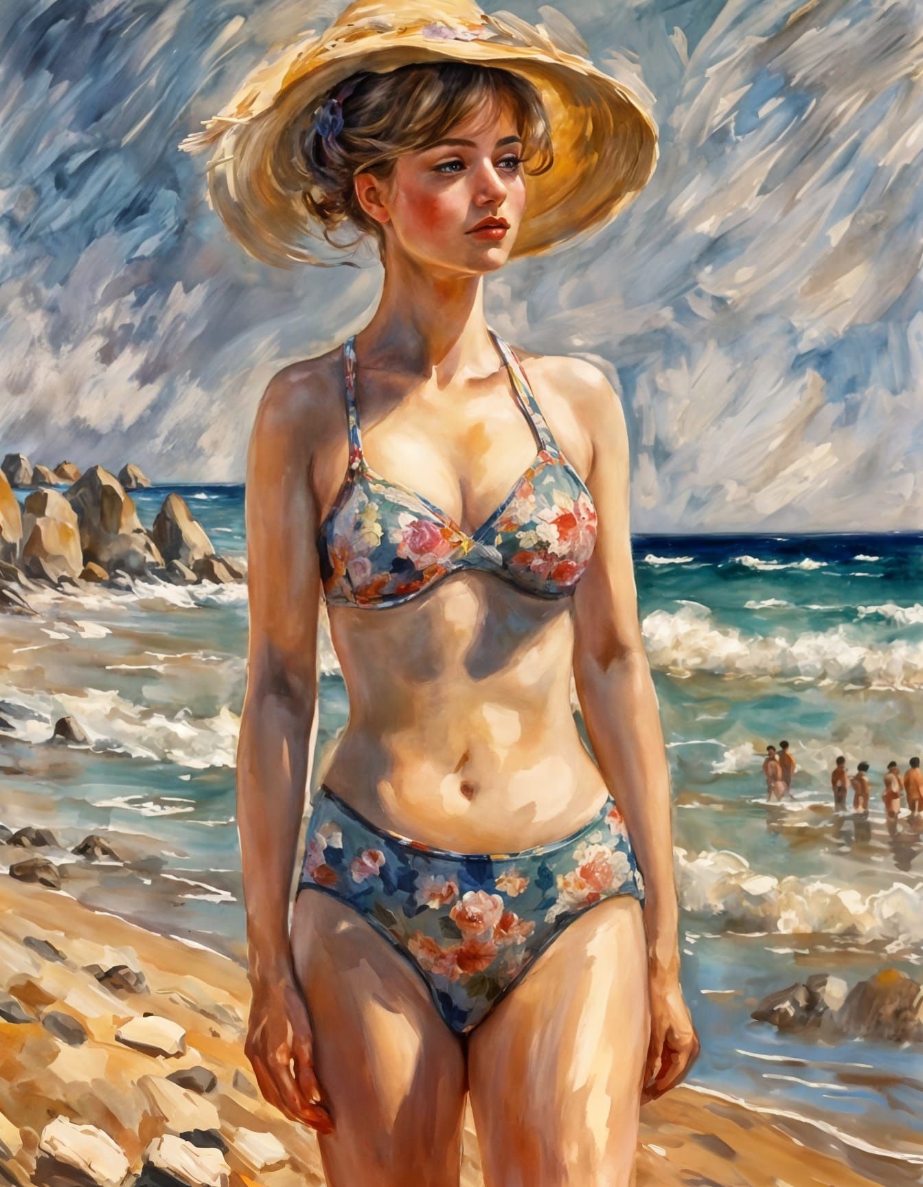 French Woman on Beach as Impressionist Painting