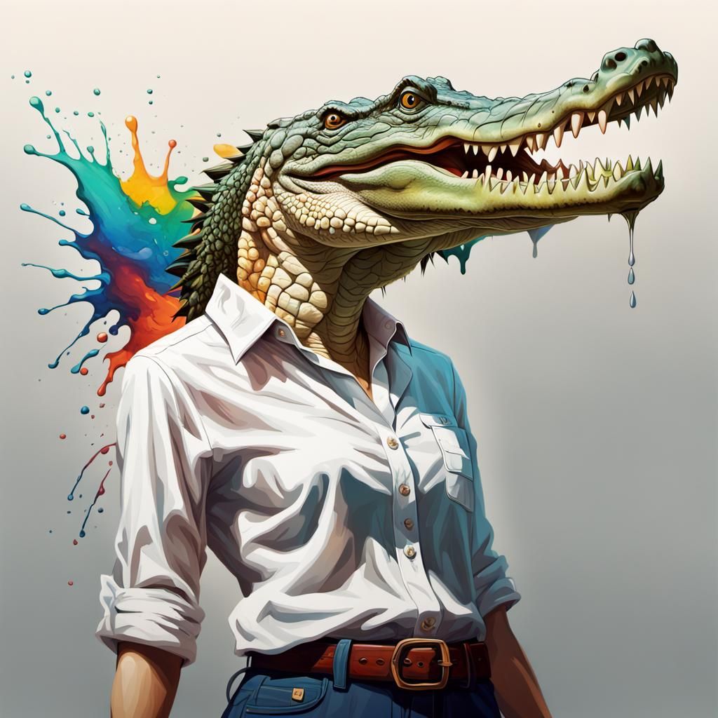 Hyperrealistic Bipedal Crocodile in White Shirt