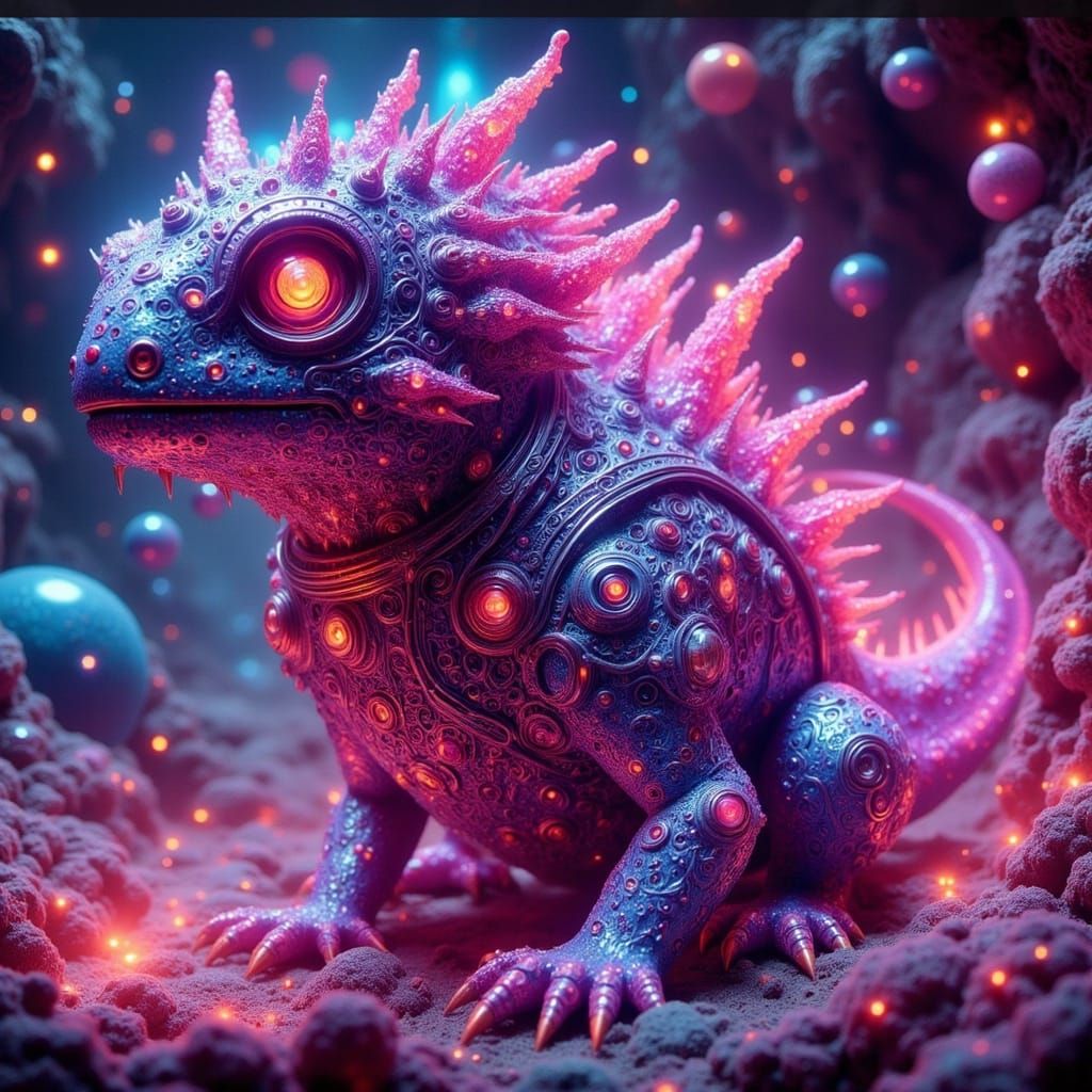 Neon Reptilian in Sci-Fi Rococo Ink-Wash Style