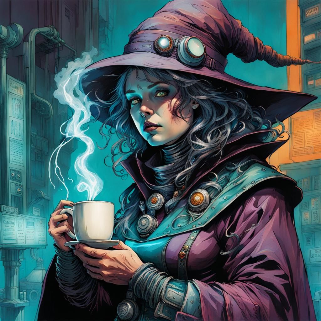 Cantankerous Retro-Futuristic Witch Drinking Coffee