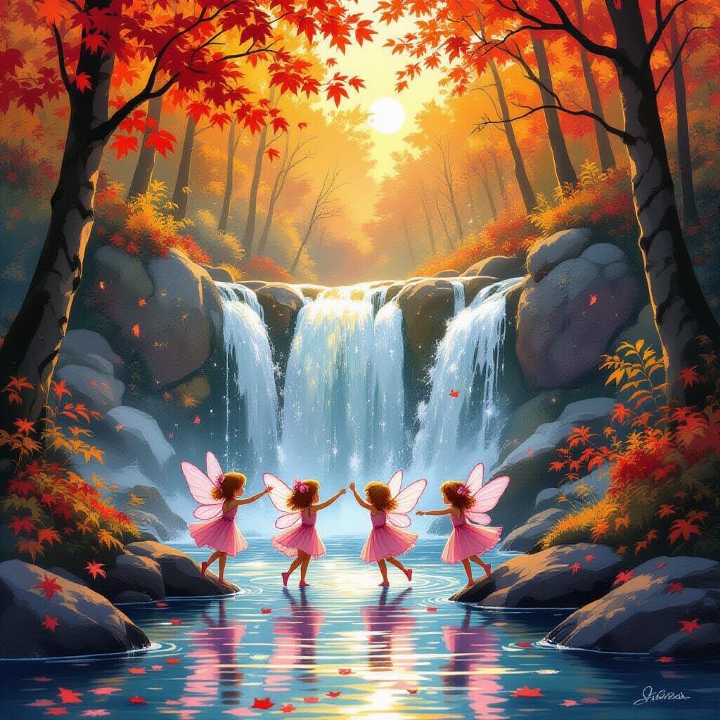 Pink Fairies Dancing Under Autumn Waterfall at Sunset