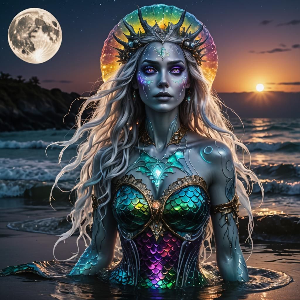 Majestic Mermaid Rising from Night Beach: Digital Illustrati...