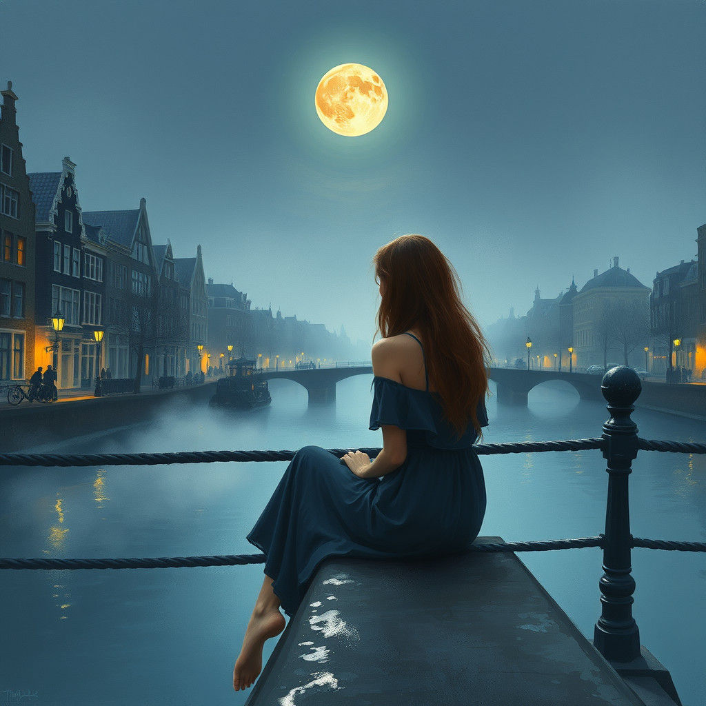 Moonlit Amsterdam Canal Scene in Impressionist Style