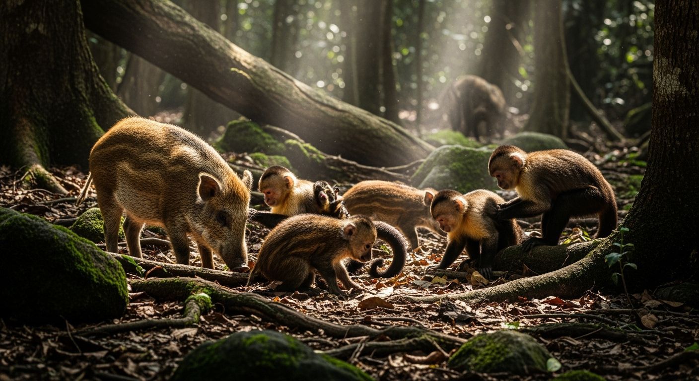 Monkeys and Pigs Interacting in a Dappled Forest Light