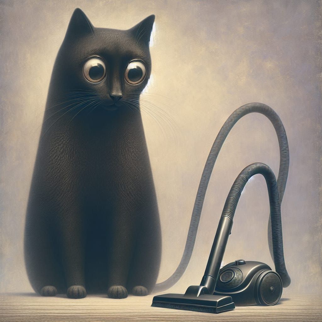 Giant Black Cat Fears Vacuum Cleaner in Surreal Painting
