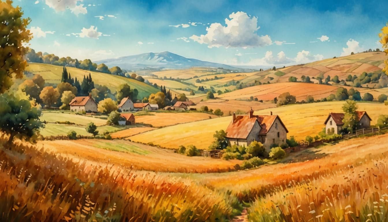 Watercolor Farmhouse Landscape in Impressionistic Style