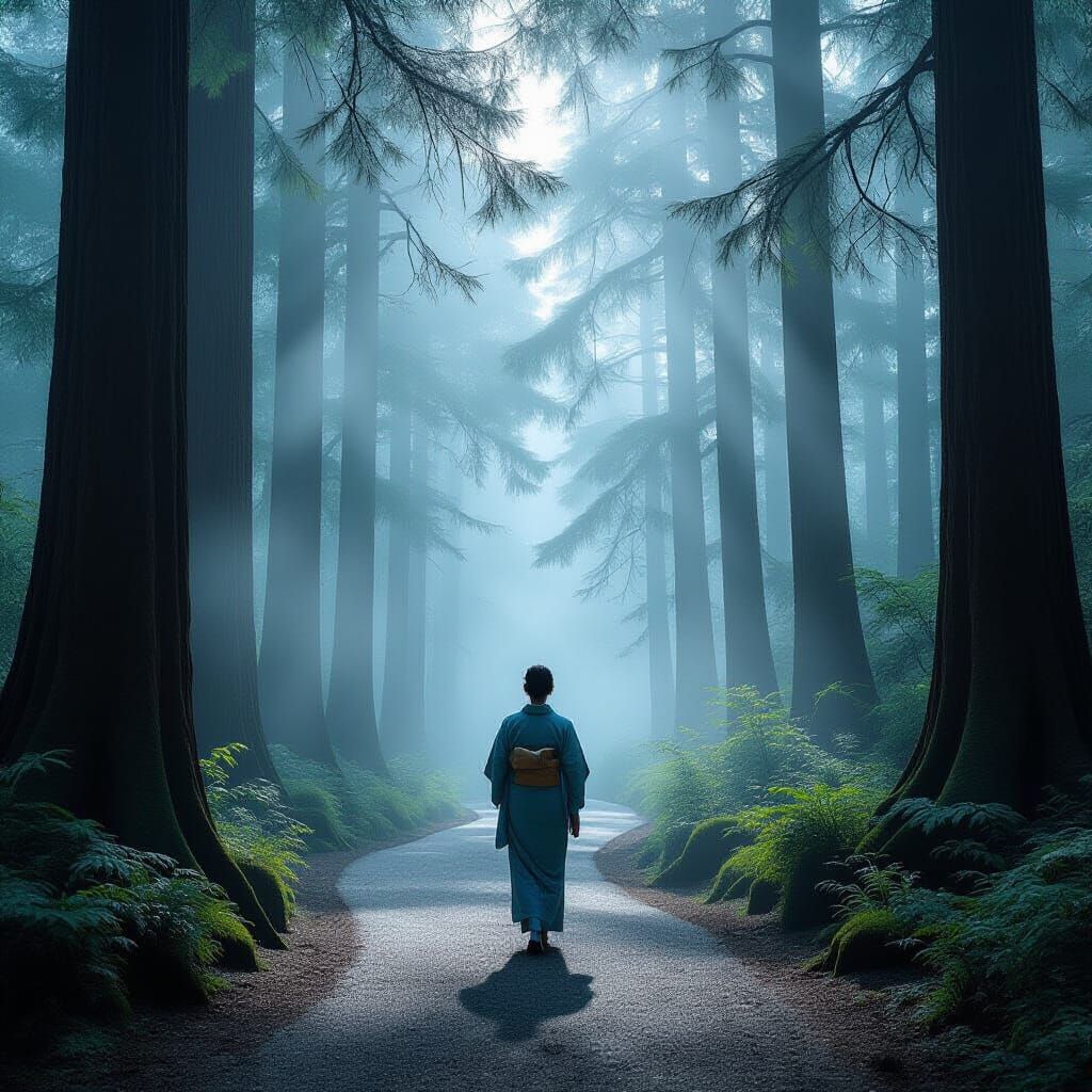 Serene Japanese Forest Path in Ethereal Morning Fog