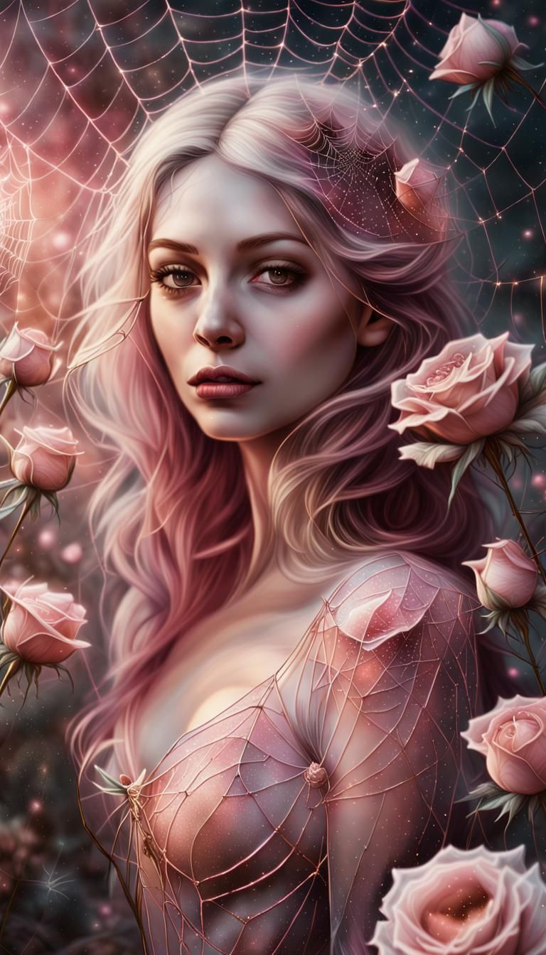 Spiderweb and Roses Astral Illustration in Mixed Media