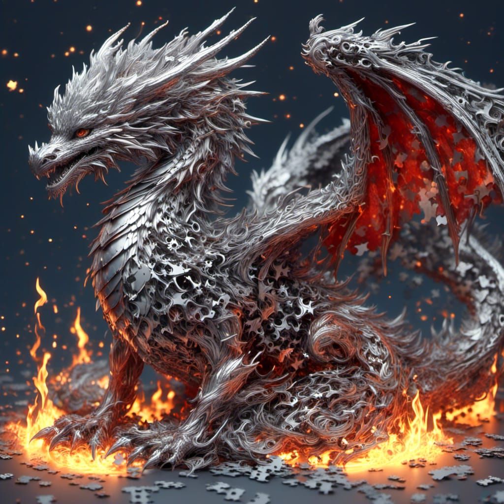 <lora:Dragon Fantasy:1.0> <lora:Jigsaw:1.0> 3d puzzle dragon silver nitrate photo 3DEXCITE fire