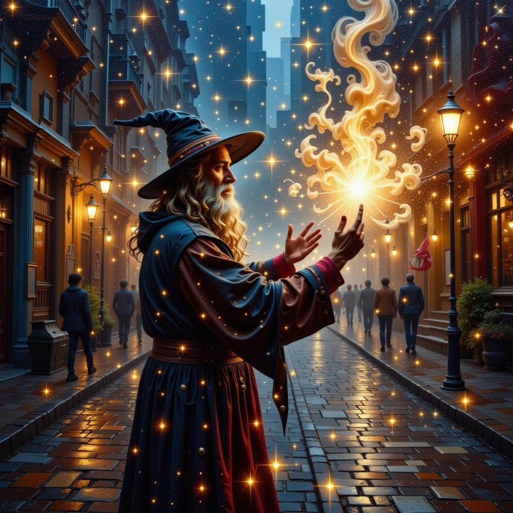 Magical lamp lighter of old Victorian city streets a robed wizard sets to light the night